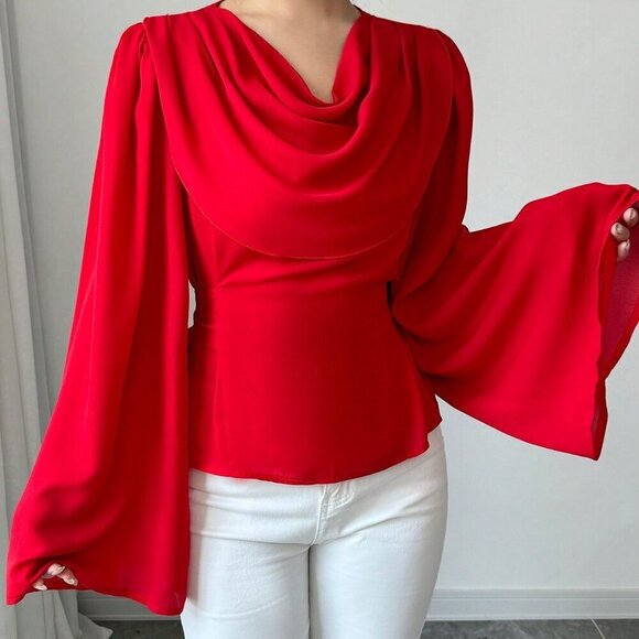 Red Elegant Women's Draped Neck Flared Sleeves Bow Tie Cuffs Blouse - Picture 4 of 6